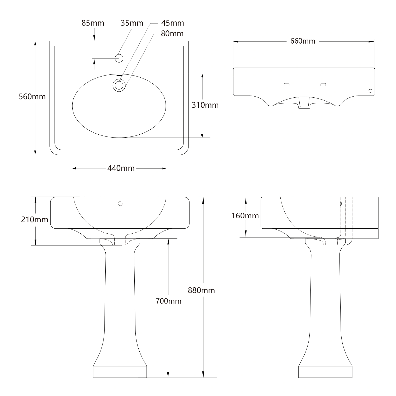 dimension figure of white porcelain pedestal sink mb-2076
